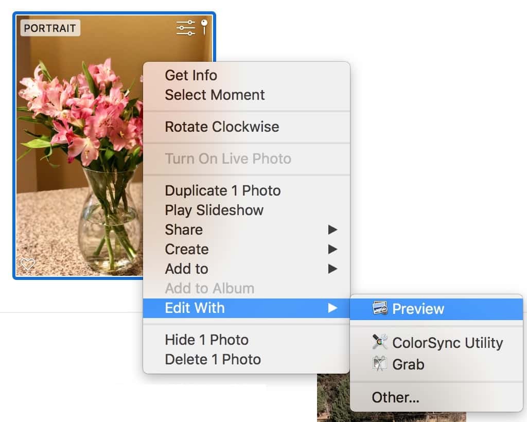 Right-Click Menu in Photos app showing Edit With option