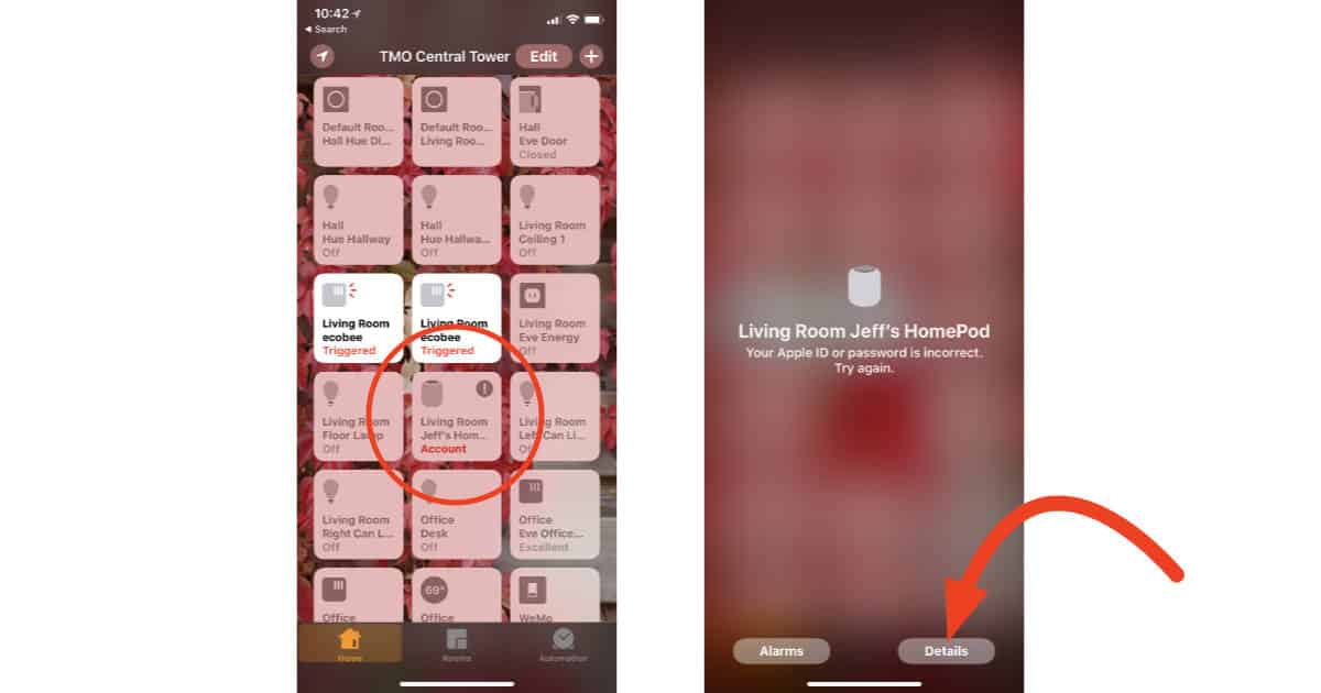 HomePod tile in Home app on iPhone for updating Apple ID information