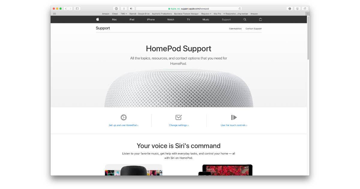 Apple HomePod help webpage