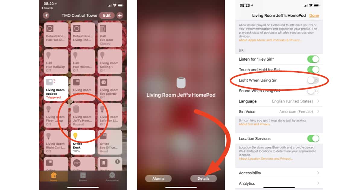 Home app settings for turning off HomePod Siri light