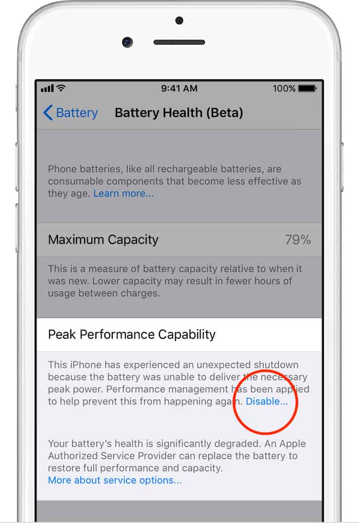 iOS 11.3 battery performance management disable option