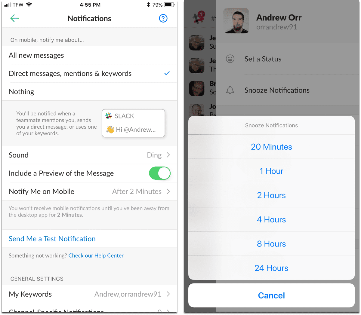 Manage Slack notifications on iOS in app settings.