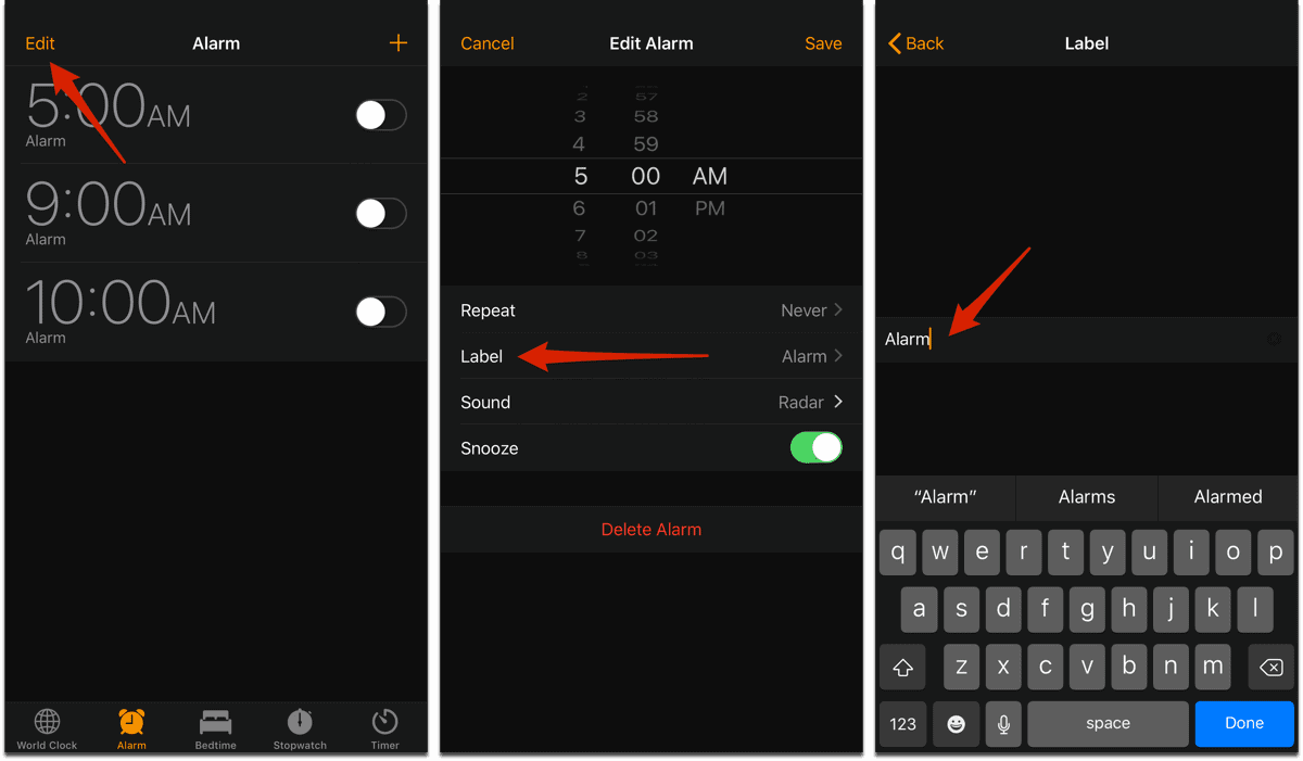 Screenshots of the Clock app where you can name alarms.