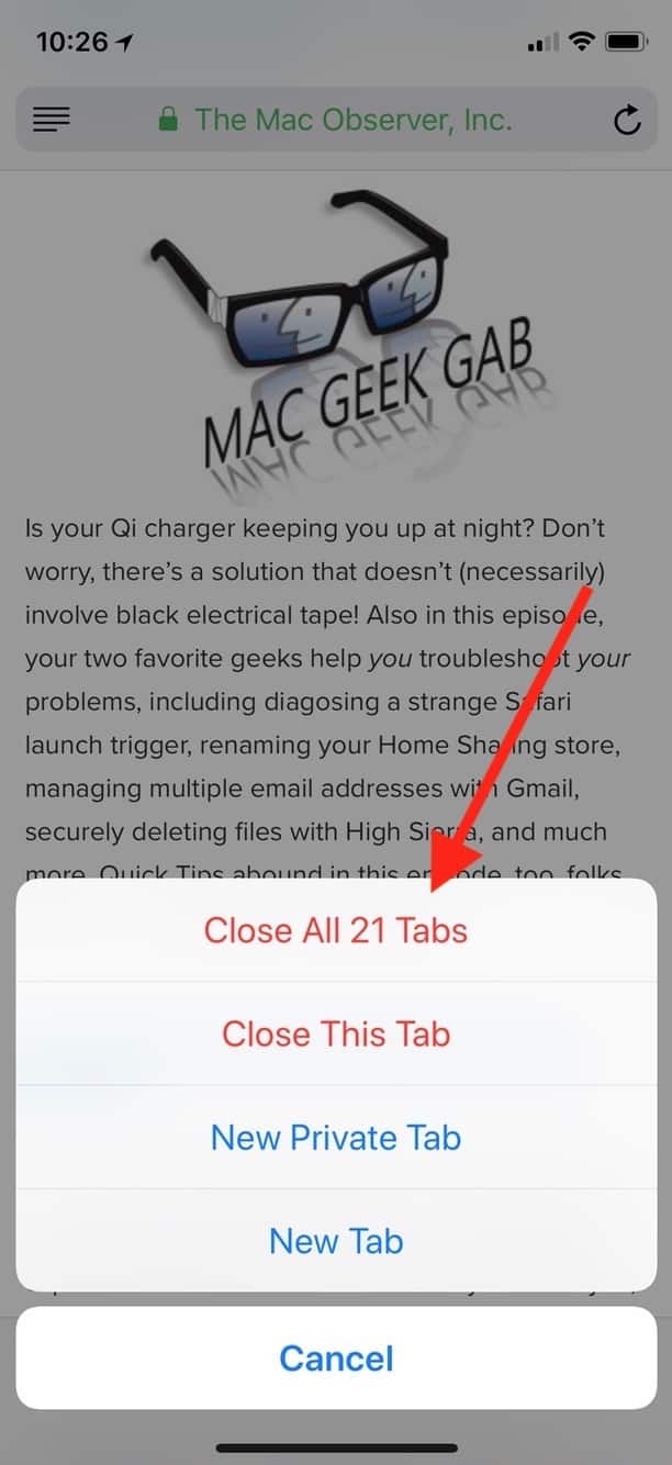 Close All Tabs option in Safari on iPhone