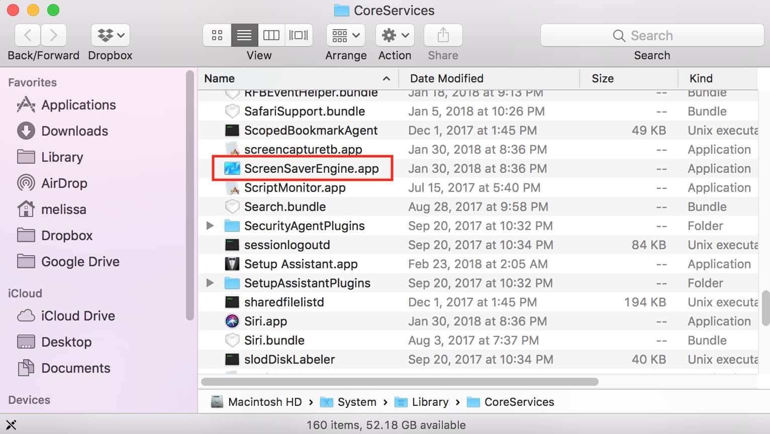 CoreServices Folder showing macOS ScreenSaverEngine app
