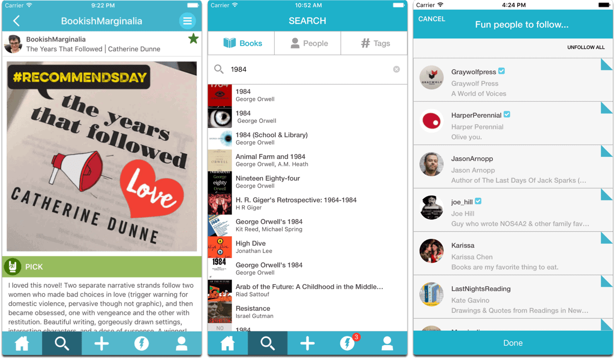Screenshots of Litsy, a reading social network in our list of Facebook alternatives.
