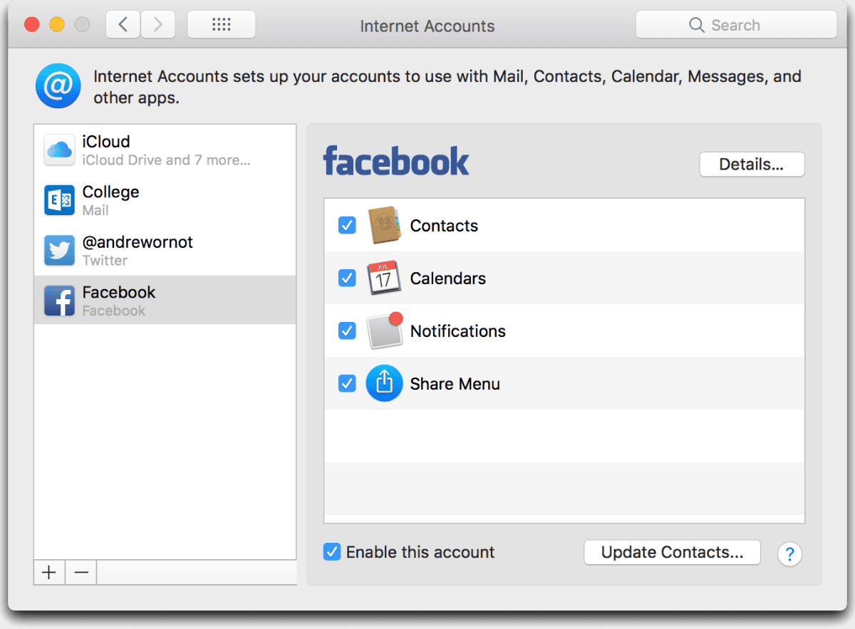 Facebook Contact Sync and calendar sync in macOS System Preferences.
