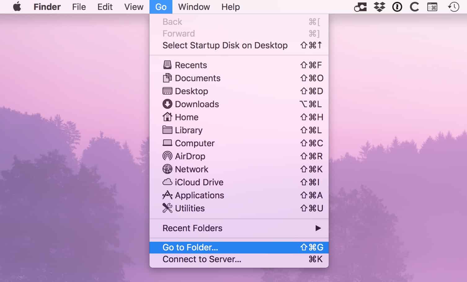 "Go" Menu in macOS Finder showing Go to Folder option