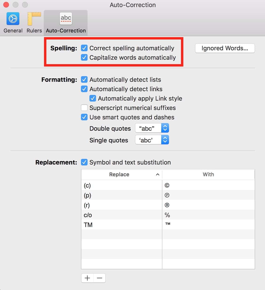 Mac Pages Preferences with auto-spelling and auto-capitalization checked