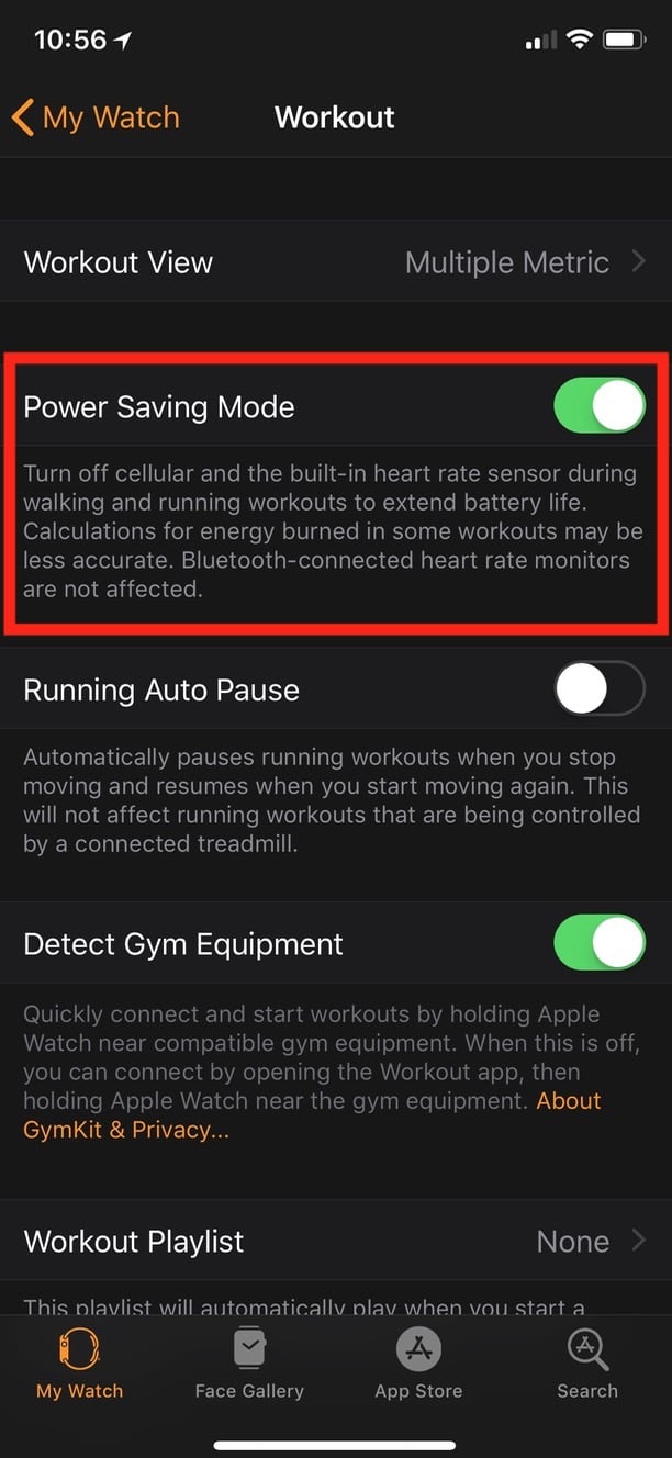 Power Saving Mode Toggle for workouts on Apple Watch
