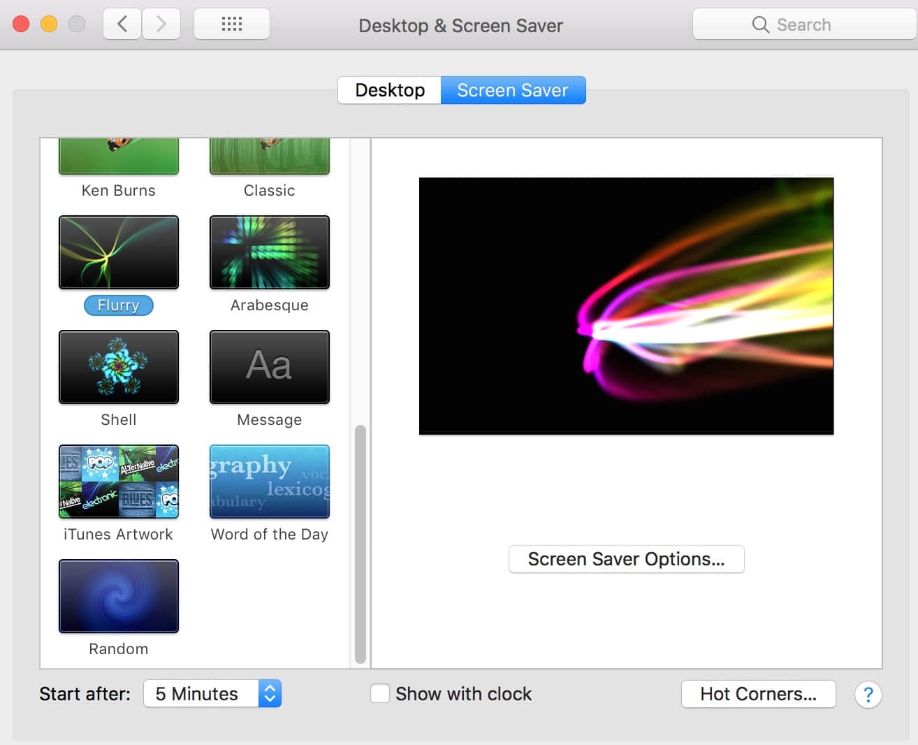 Desktop & Screen Saver Preferences showing macOS screensavers