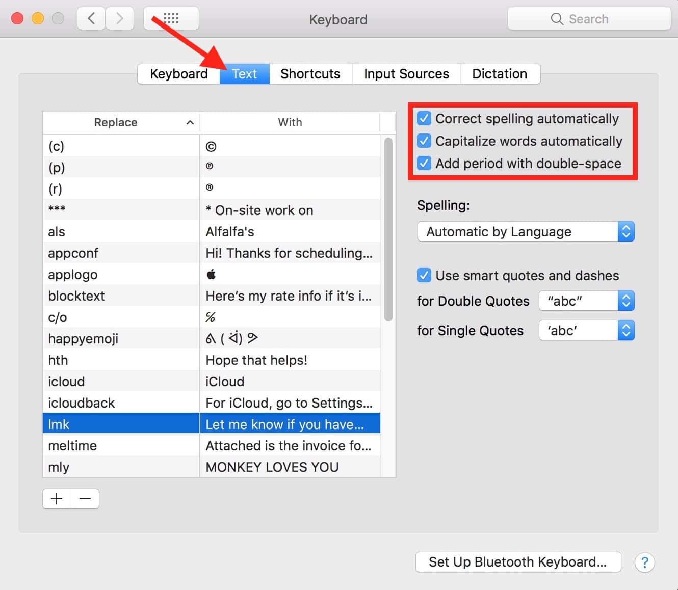 Mac System Preferences for Keyboard Settings with auto-spelling and auto-capitalization active