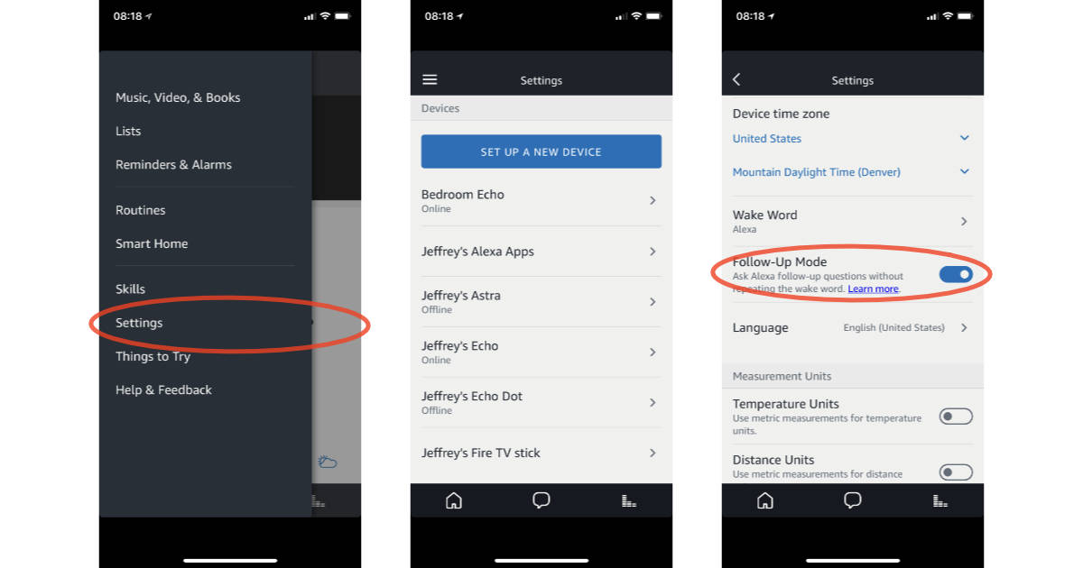 Alexa app settings for Follow-Up Mode