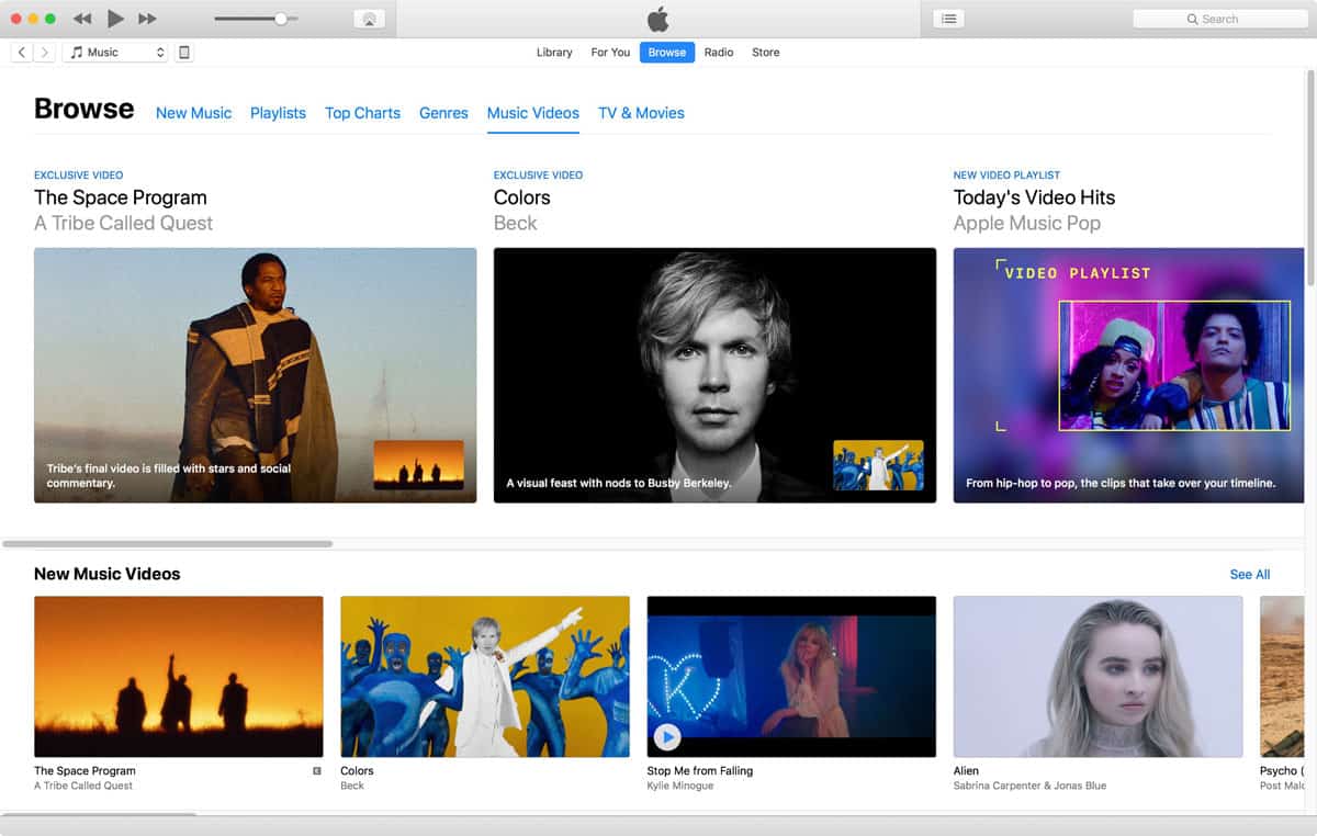 Screenshot of iTunes 12.7.4 Music Videos in Apple Music
