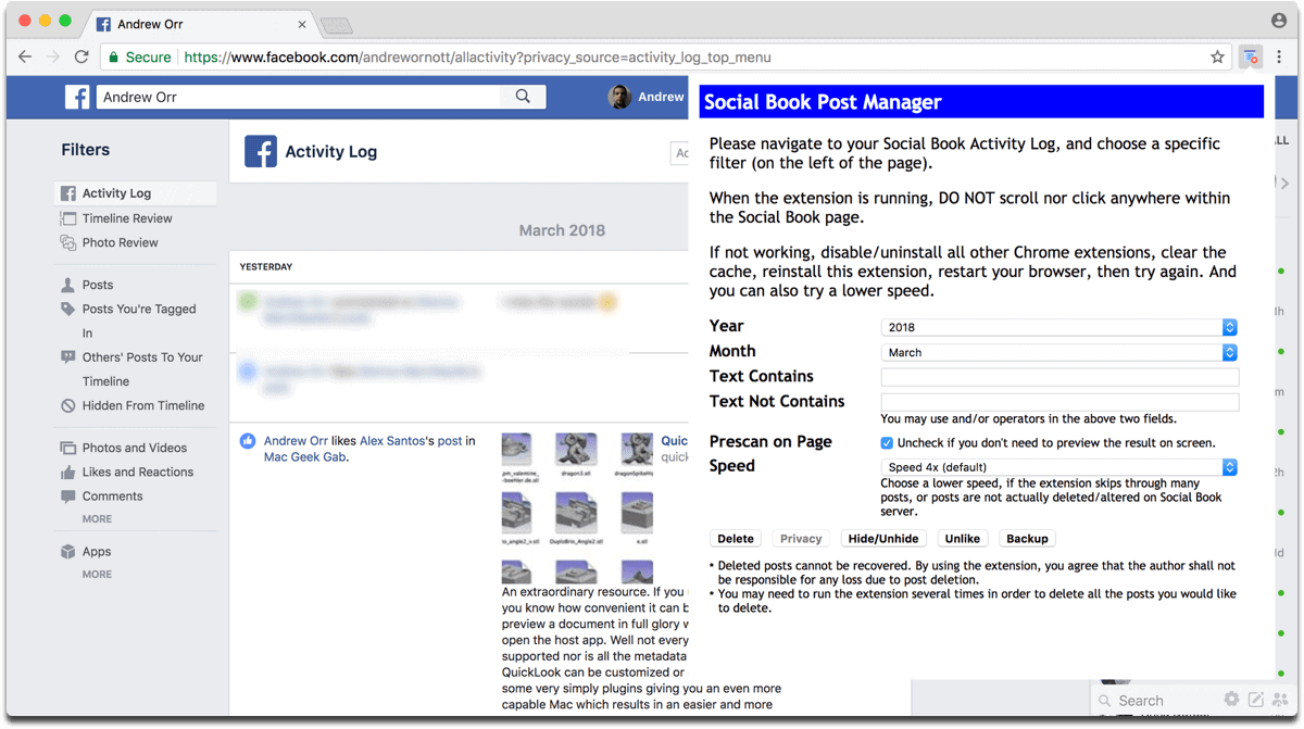 Delete Facebook content with Social Book Post Manager.
