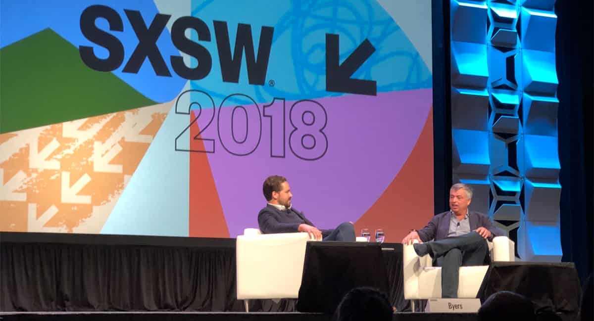 Dylan Byers and Eddy Cue on stage at SXSW 2018