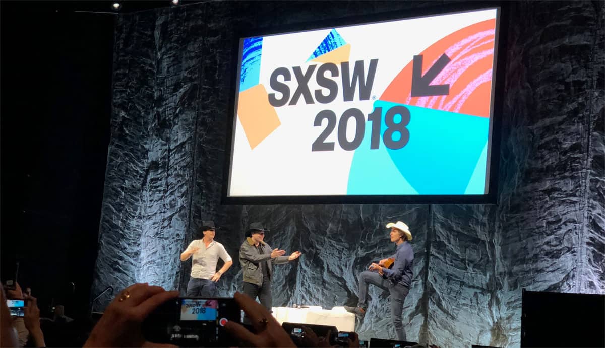 Jonathan Nolan, Elon Musk, and Kimball Musk at SxSW, 2018