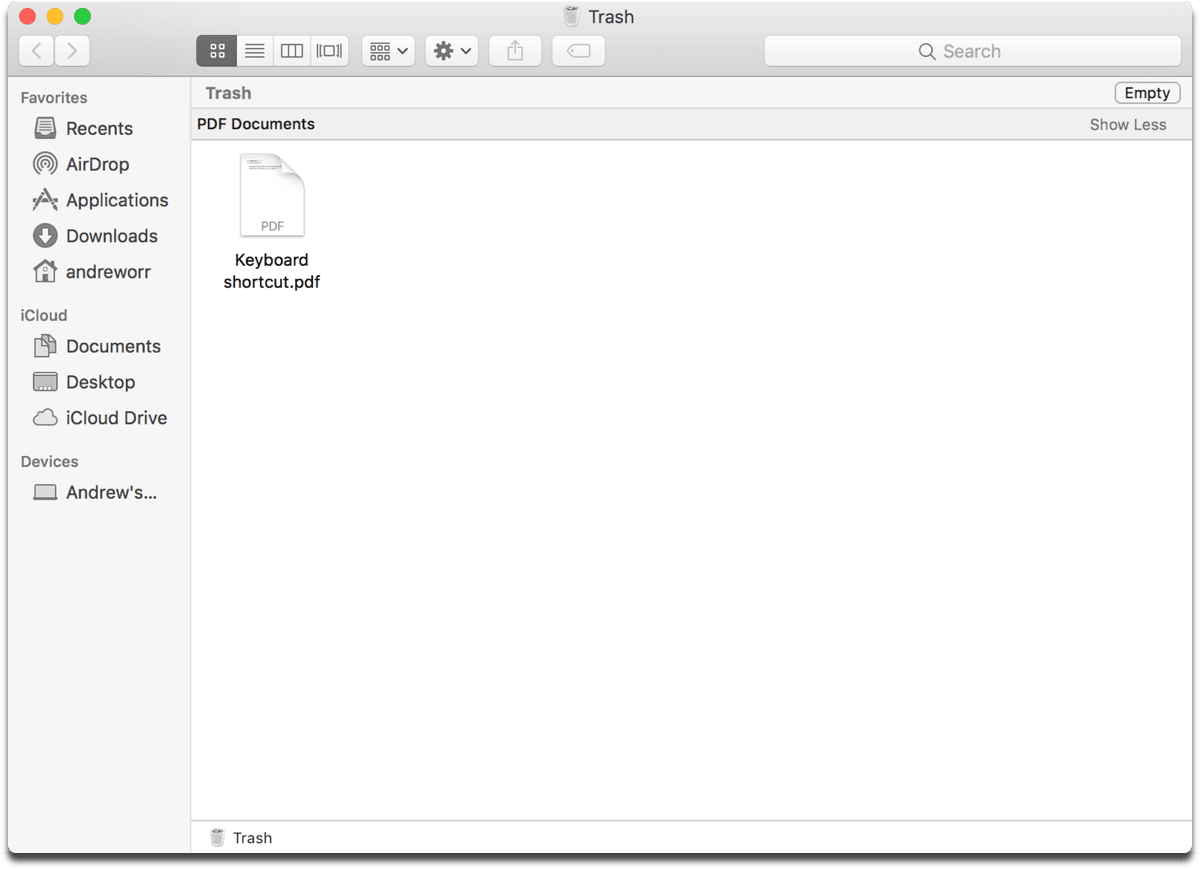 Screenshot of macOS Trash in Finder. You can empty it with a keyboard shortcut.