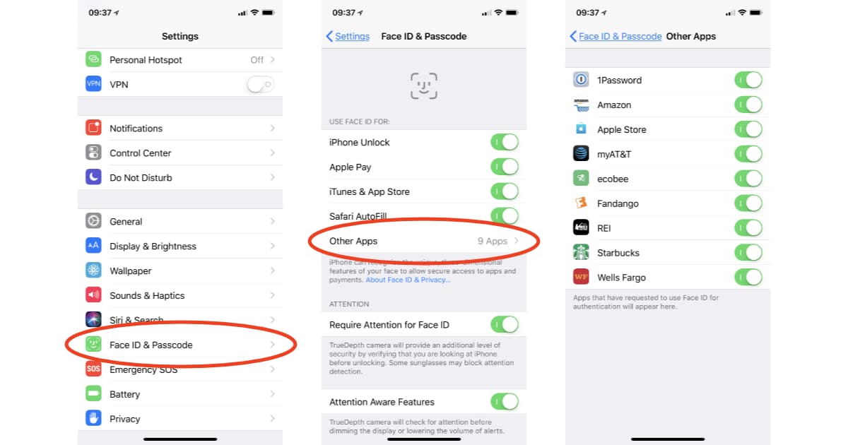 iPhone X Face ID settings to disable specific apps from authenticating with your face