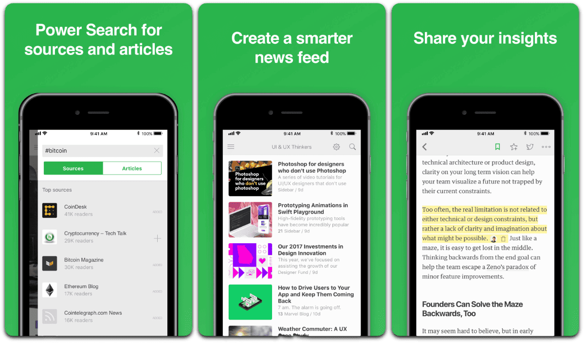 Screenshots of Feedly in our list of Facebook app alternatives.