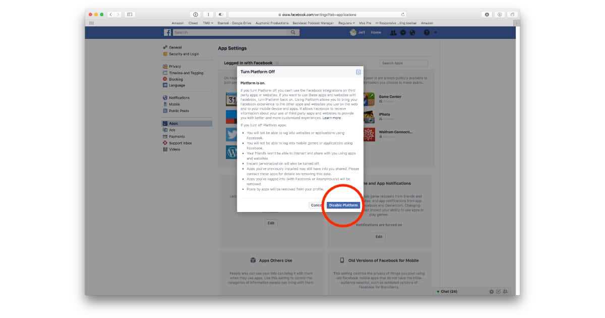 Facebook Platform settings to disable all apps and services from linking to Facebook