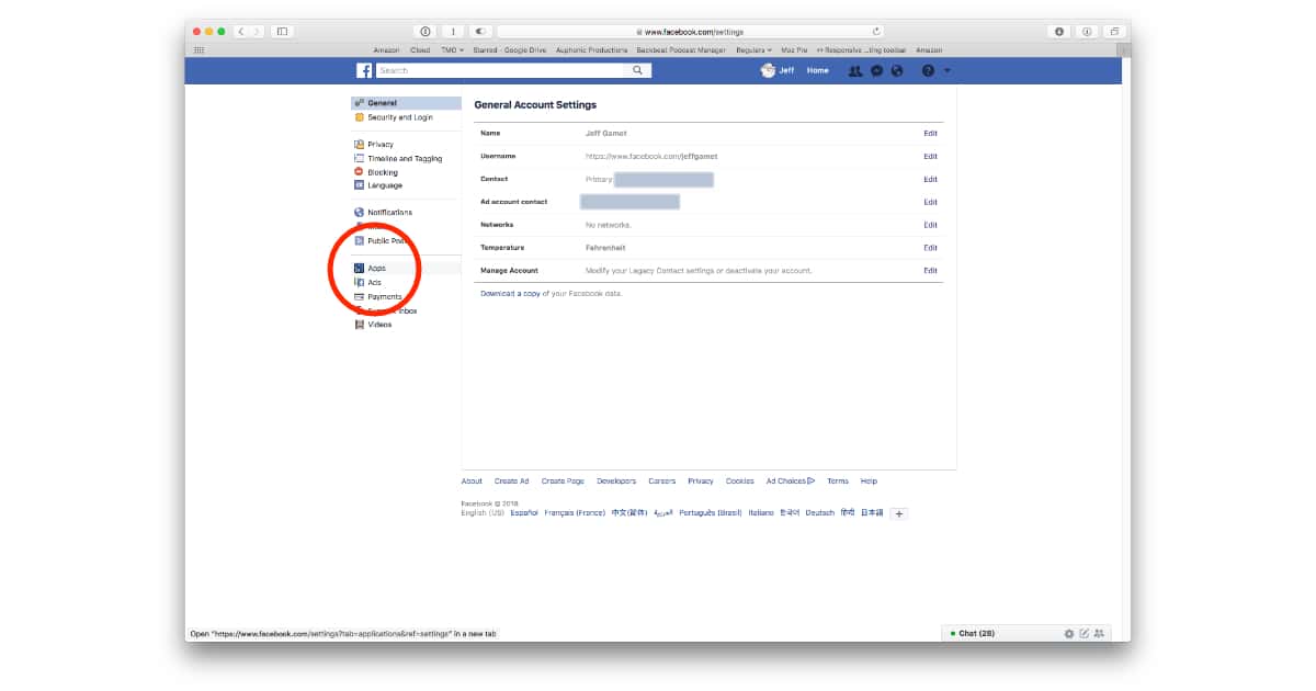 Facebook Apps settings for Platform