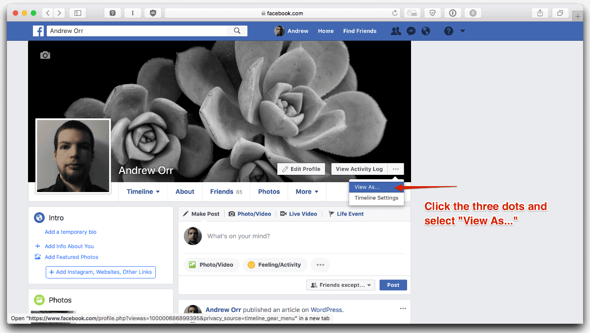 Test your Facebook privacy. First go to your Facebook profile and click the three dots.