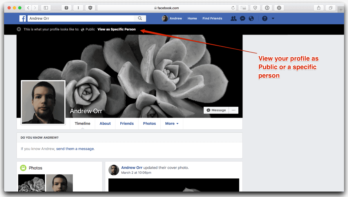 Test your Facebook privacy by selecting the point of view you want.