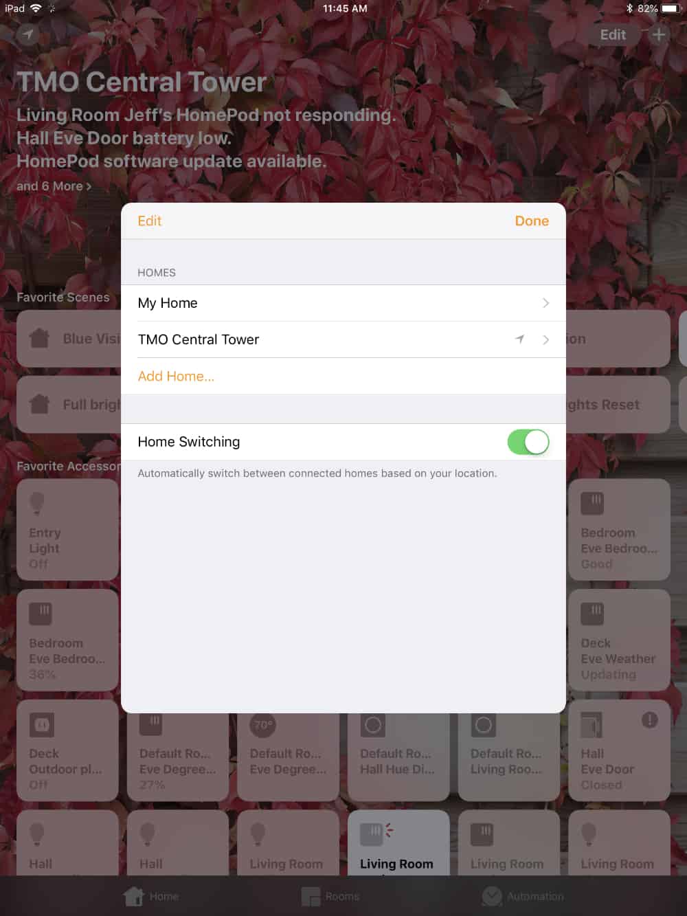 Choose your HomeKit network in the Home app to see settings