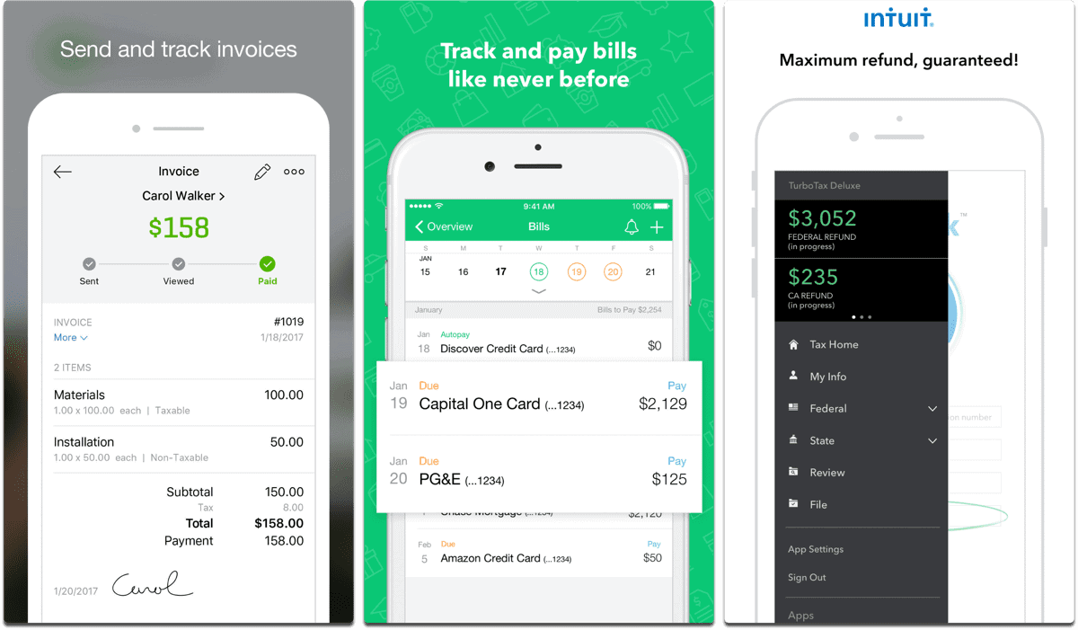 Screenshots of Mint, Quickbooks, and TurboTax in our list of female app developers.