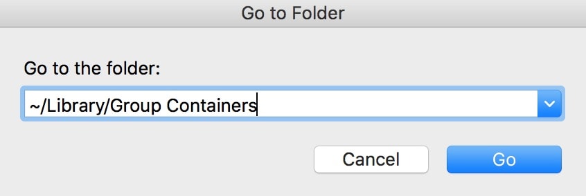 "Go to Folder" Window in macOS showing path to Group Containers