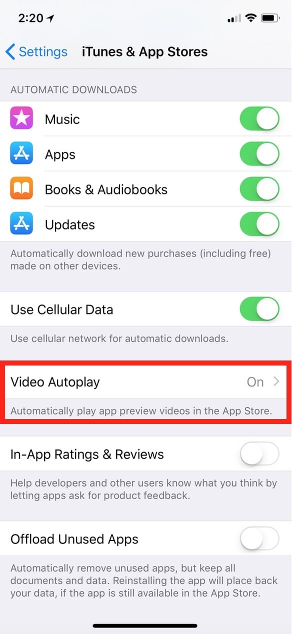 "Video Autoplay" in iTunes & App Stores Settings on iPhone