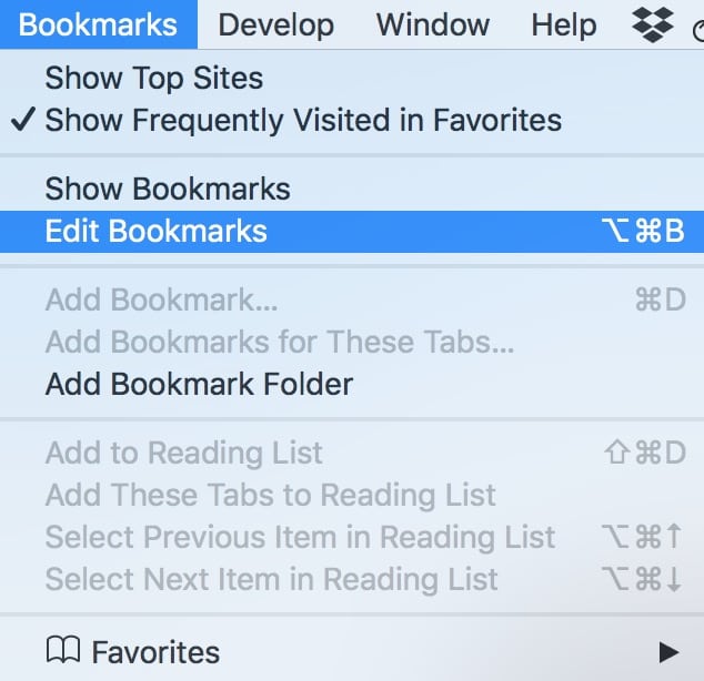 "Edit Bookmarks" Option in the Bookmarks menu in Safari on the Mac