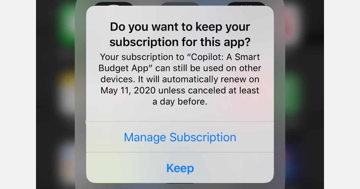 Cancel iPhone app subscriptions system prompt