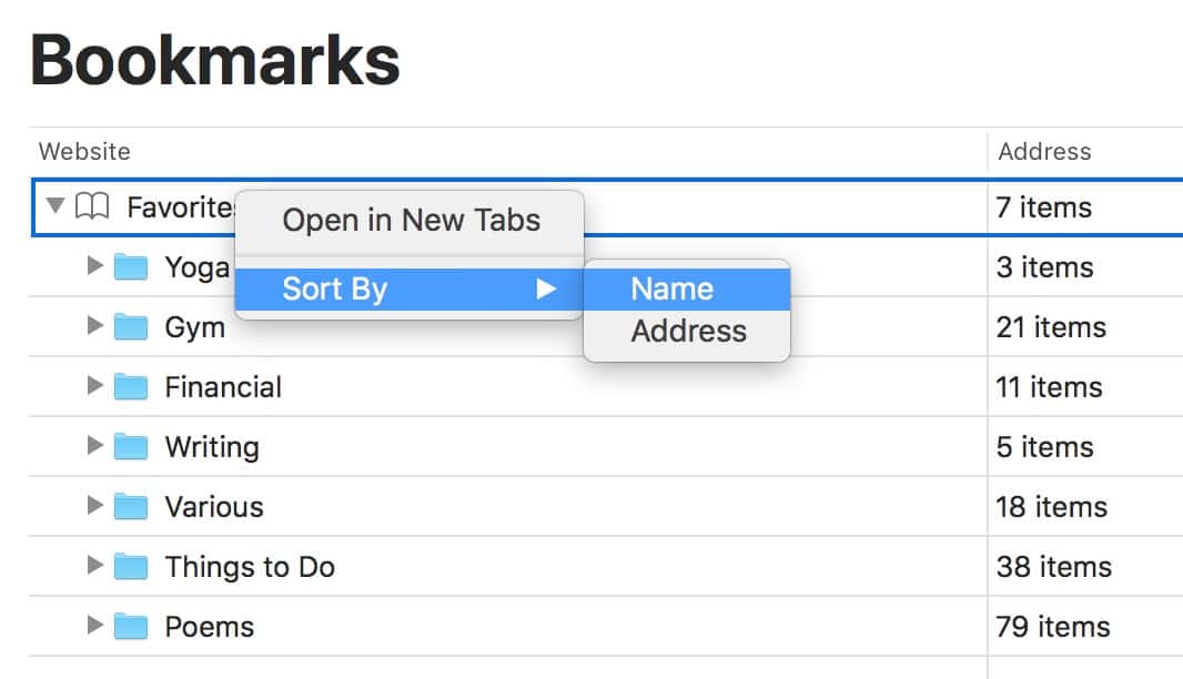 Option for Sorting Favorites in the Bookmarks view in Safari on the Mac