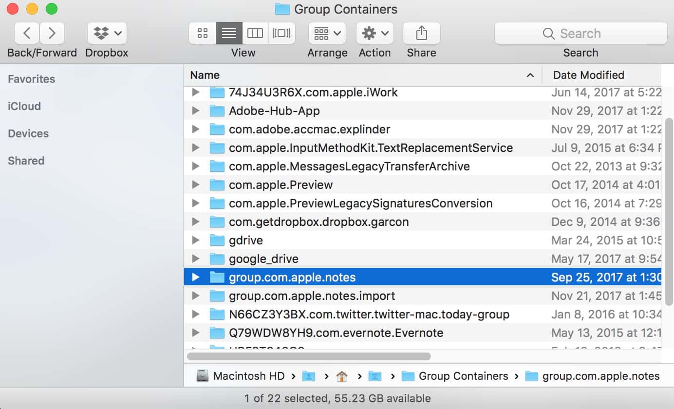 macOS Group Containers folder showing group.com.apple.notes folder