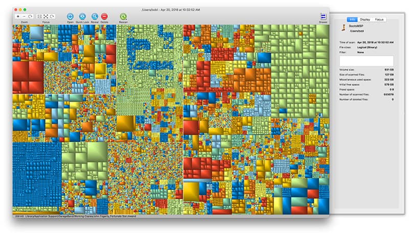 GrandPerspective is like a Mondrian painting, with bigger blocks representing bigger files and related content displayed in related colors. 