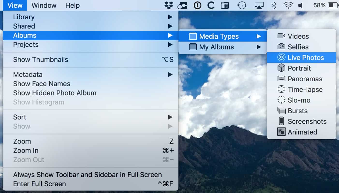 Media Types Menu under View > Albums in Mac Photos app