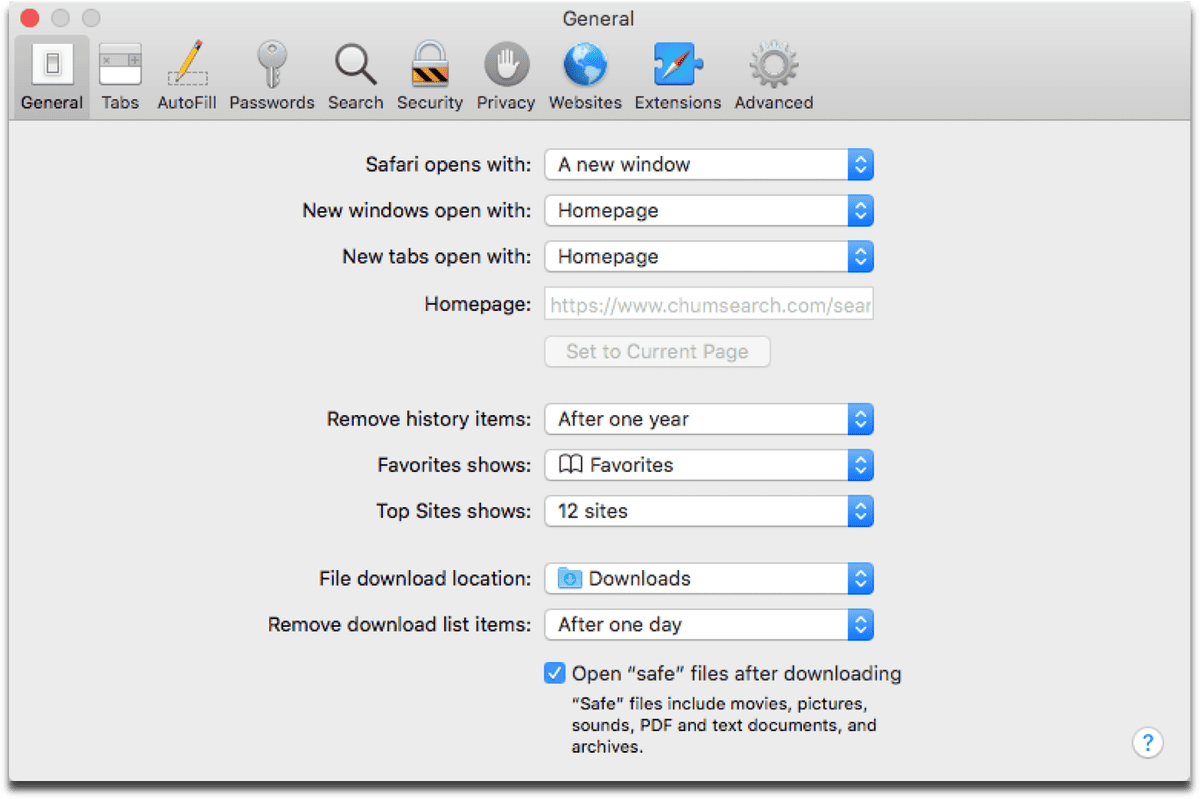 Screenshot of Safari. This Mac flash malware changes your homepage.