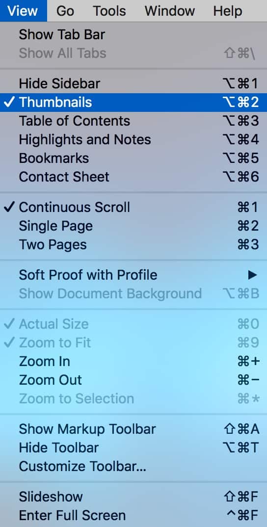 View Menu in Preview on Mac showing Thumbnails option