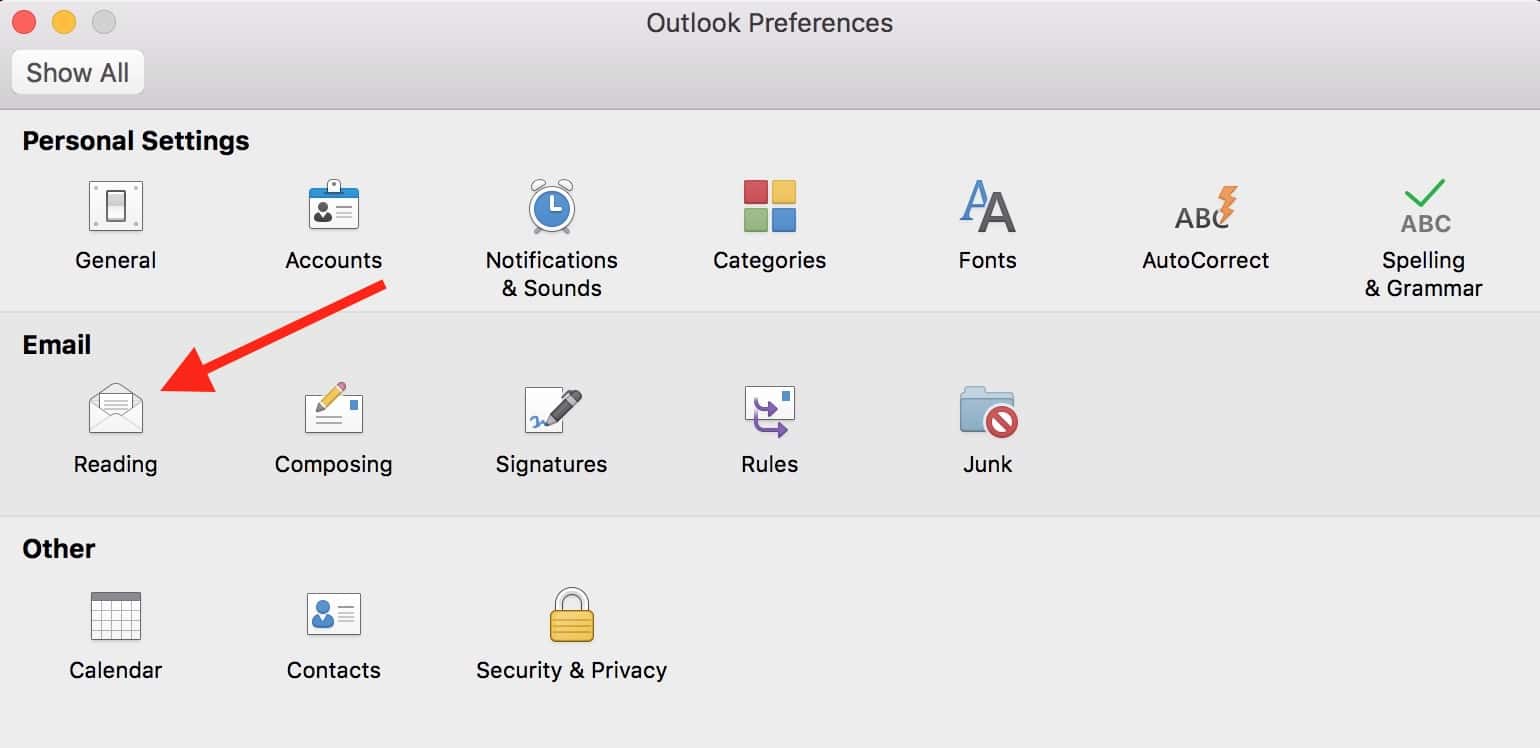 Reading Preferences in Outlook on the Mac have gesture settings controls