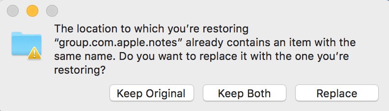 Choose Replace in the Confirmation Dialog to restore your Notes backup