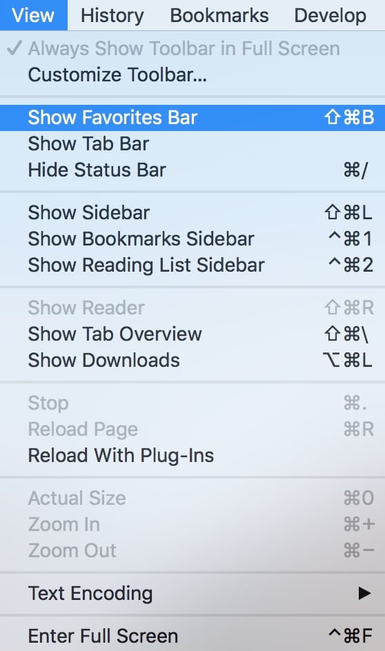 macOS Safari View Menu with Show Favorites Bar highlighted