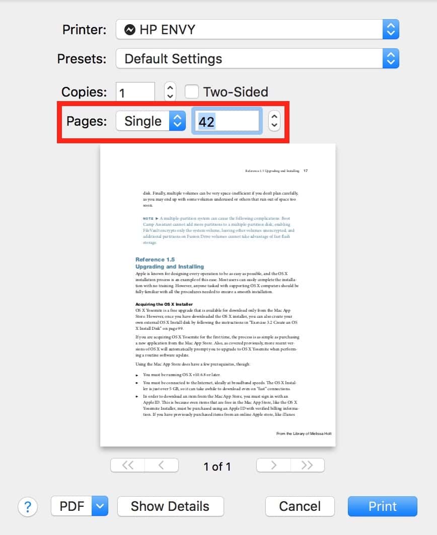 Print Single Page in Mac print dialog