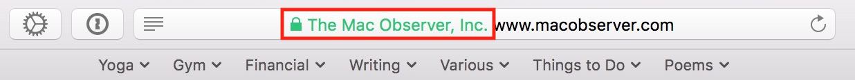 Green Text in Safari URL Bar showing secure site