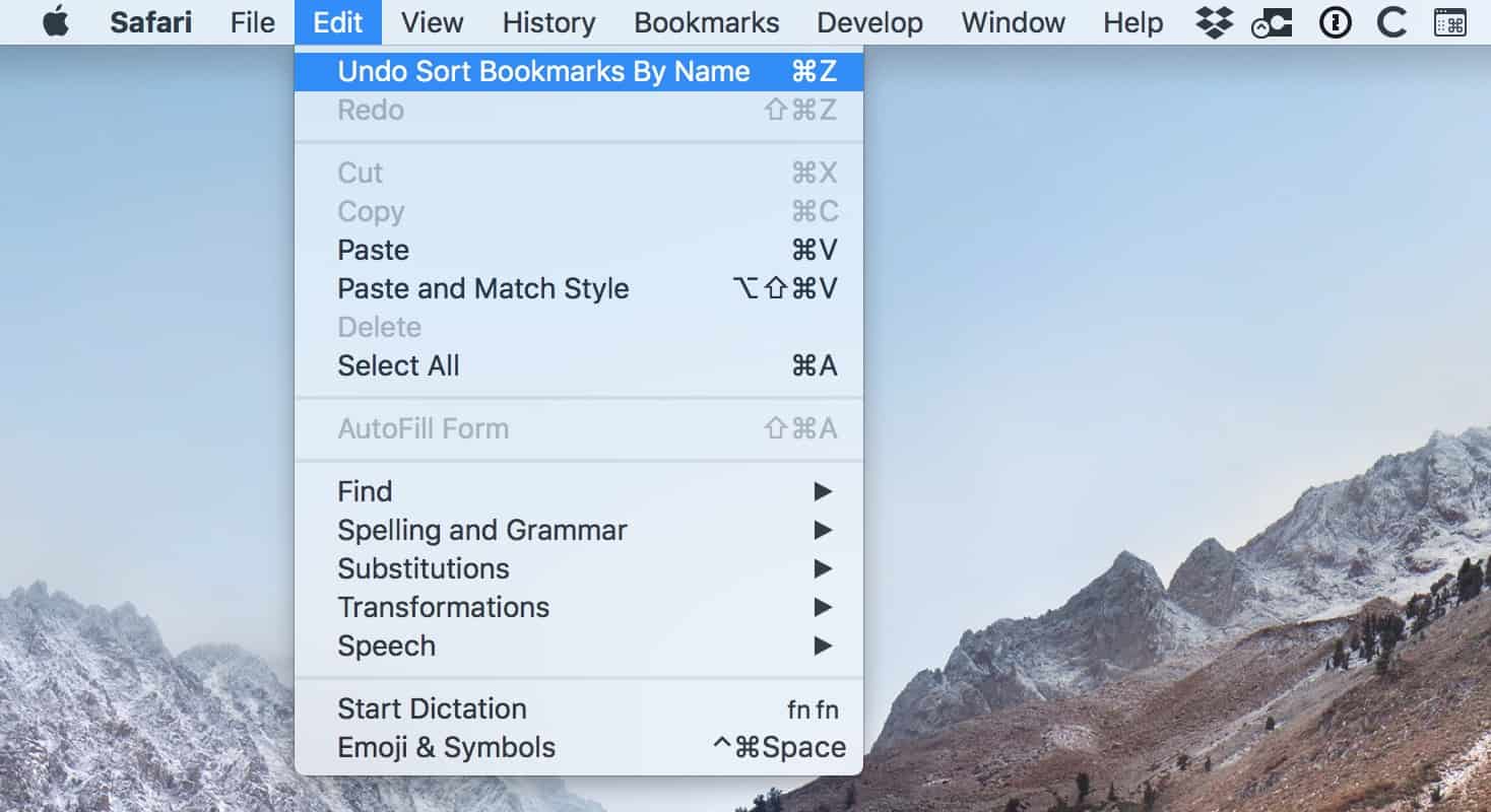 Edit Menu in Safari on the Mac showing Undo Sort Bookmarks option