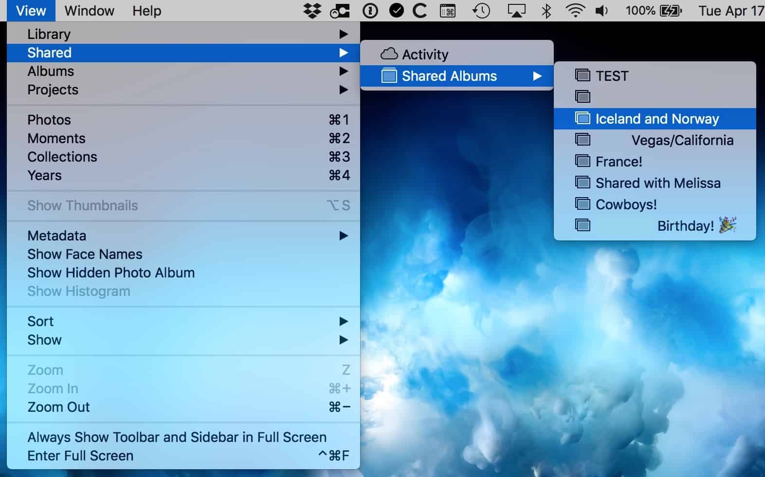 View Menu in Photos on macOS showing Shared Albums options