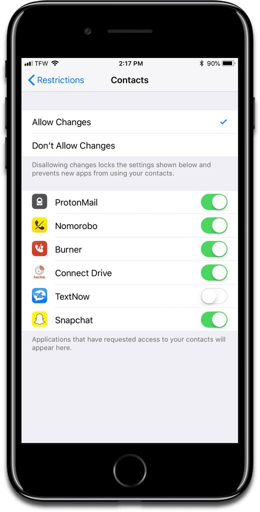 Stop third-party apps from accessing iOS contacts with Restrictions.