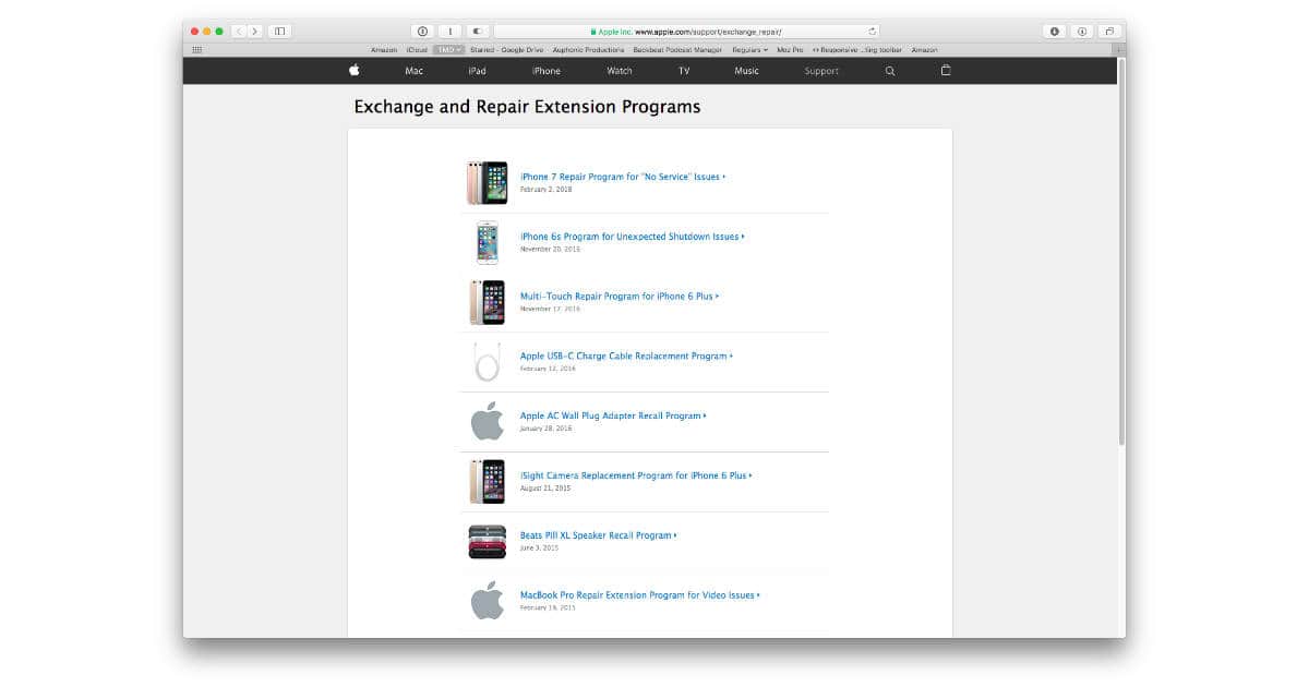 Apple Exchange and Repair Extension Programs webpage