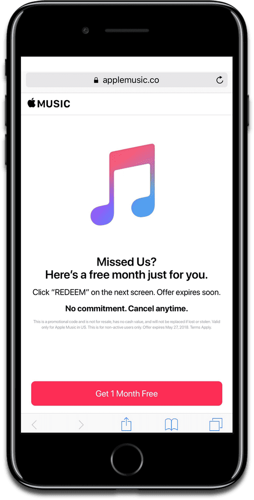 Image of the Apple Music trial page in Safari.